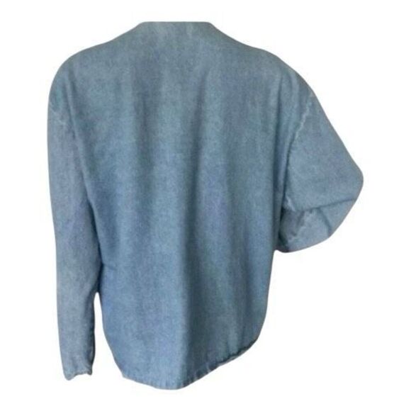 Vintage Saint German Paris Blue Denim Collarless Jacket Large Ruched Front Women - Picture 3 of 9